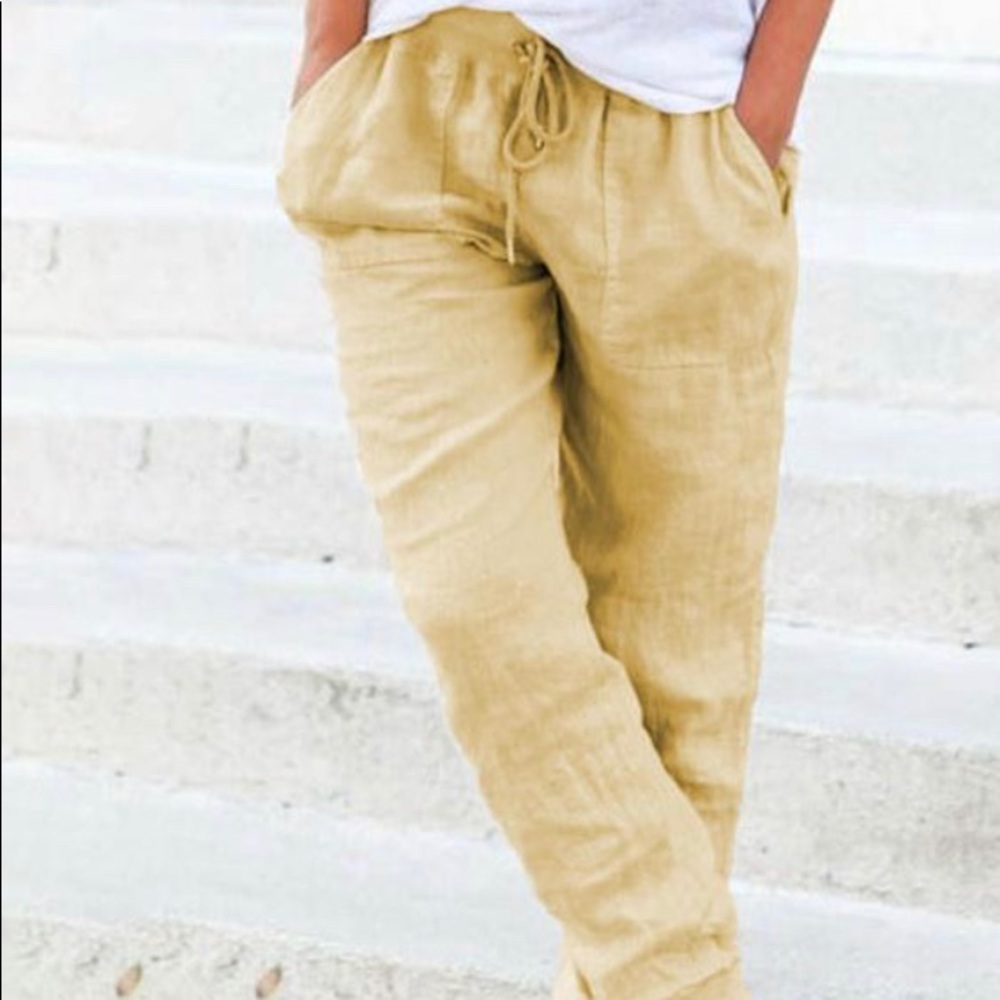 NAVY BLUE Solid Drastring Casual Linen Pants